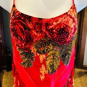 Dress Gown Red Silk Burnout Velvet Beaded Victorian Roses Maya Matazaro